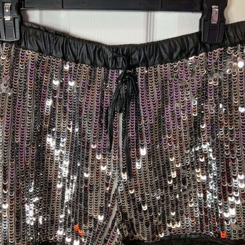 Anthropologie Mustard Seed Silver Sequin Black Party Disco Shorts Size Large - Picture 4 of 8